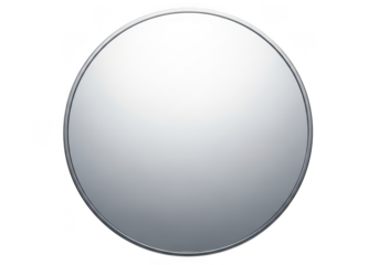A large round mirror with a silver frame on a transparent background