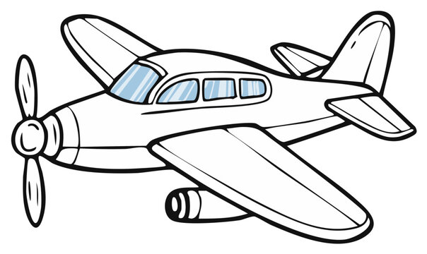 Simple cartoon drawing of a vintage propeller airplane with wings and a tail