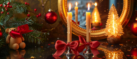 A warm, cinematic Christmas close-up highlighting two glowing taper candles in elegant metallic candlesticks, tied with vibrant red satin bows, textur
