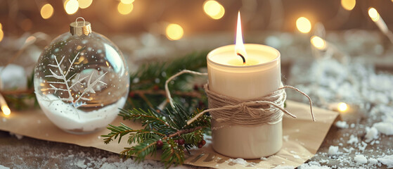 A warm, minimalist holiday still life photographed in cinematic wide view, focusing on a lit white candle wrapped with evergreen branches and twine, p