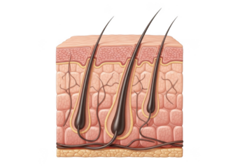 Anatomical illustration of human skin with hair follicles on transparent background