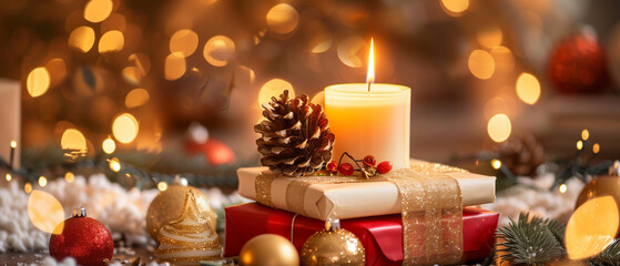 A warm-toned Christmas still life in panoramic composition, showing a glowing candle resting on stacked red and ivory presents, surrounded by shimmeri