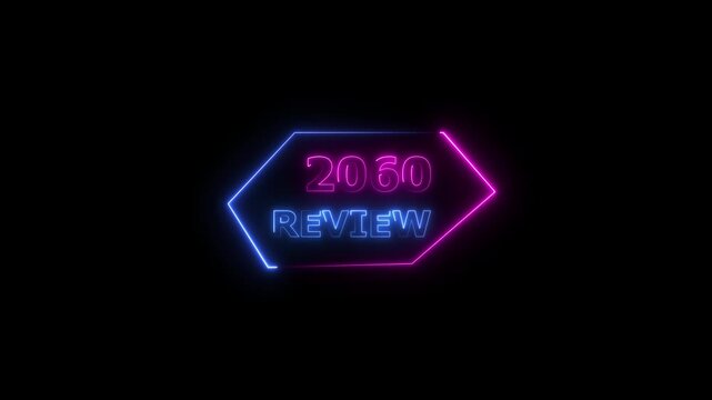 2060 review neon text animation. Business financial management platform background 4k video.