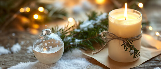 A warm-toned, wide-angle still-life scene featuring a glowing white candle adorned with evergreen branches tied by rustic twine, positioned on a kraft
