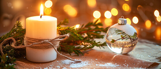 A warm-toned, wide-angle still-life scene featuring a glowing white candle adorned with evergreen branches tied by rustic twine, positioned on a kraft