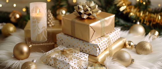 A wide cinematic Christmas still life showcasing a luxurious arrangement of gold and white wrapped gift boxes placed on a plush white fur surface, fea