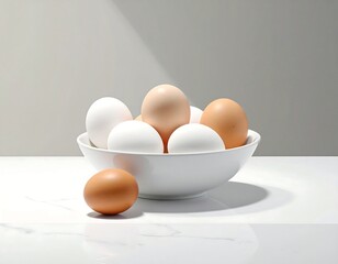 A bowl filled with various colored eggs on a white tabletop