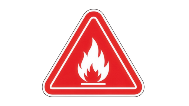 Flammable material warning sign PNG isolated on transparent background, red triangle with fire symbol for safety and hazard prevention - Powered by Adobe