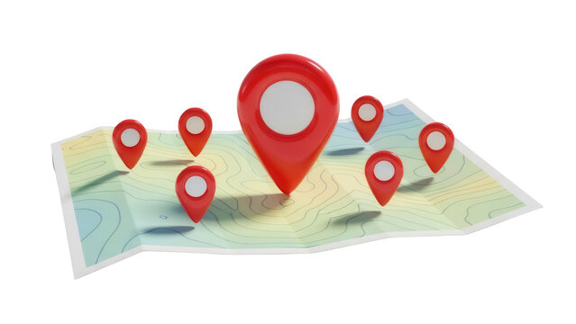 Topographic map with red location pin markers isolated PNG, navigation and travel concept on transparent background