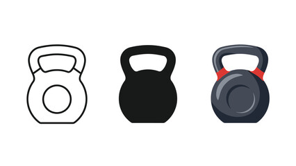 Set of three kettlebell icons outline, silhouette and realistic color illustration for fitness and weight training