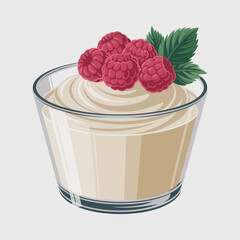 An enticing dessert glass filled with creamy mousse, topped with fresh raspberries and a mint leaf, embodying indulgence and culinary delight. © uki