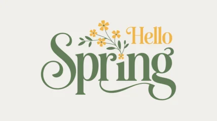 Fototapete Rund Positive Typografie This cheerful artwork features a delightful 'Hello Spring' typography design adorned with charming flowers, symbolizing the renewal and beauty of the spring season.  © uki