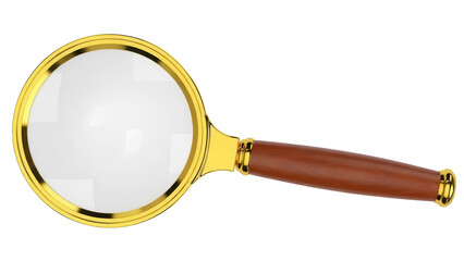 Golden magnifying glass PNG isolated on transparent background, classic detective tool for investigation and reading small print