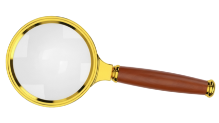 Golden magnifying glass PNG isolated on transparent background, classic detective tool for investigation and reading small print