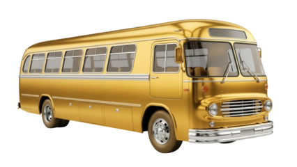 Golden vintage bus PNG isolated on transparent background, classic passenger vehicle for transportation and retro design projects