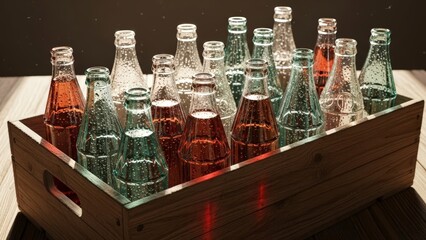Assortment of Vintage Glass Bottles Filled with Assorted Beverages in Wooden Crate.