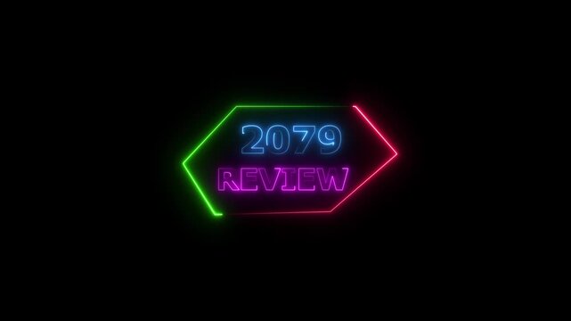 2079 review neon text animation. Business financial management platform background 4k video.