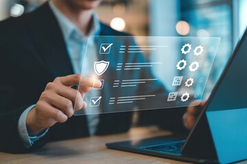 Businessman using digital interface with checklist and security icons image