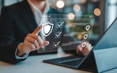 Businessman using digital interface with checklist and security icons image