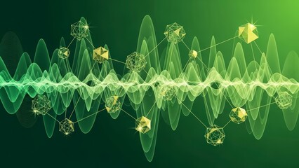 Abstract Green Waveform with Interconnected Geometric Shapes and Particles.