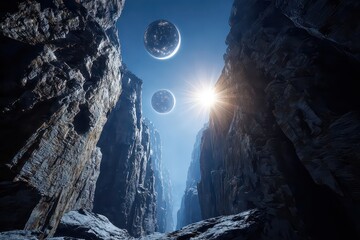 Abstract Landscape Featuring Rough Grey Textured Cliffs Spherical Orbs And Bright Sunlight