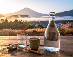 Obraz premium 富士山と雲海を望むテラスで楽しむ日本酒。日の出の光に包まれた和の風景と伝統的な酒器のセット