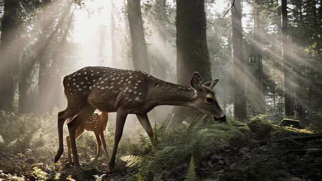 朝霧が立ちこめる森の中を、母鹿と子鹿が静かに歩く幻想的なシーン。
柔らかな朝の自然光が差し込み、神秘的で穏やかな雰囲気を演出します。