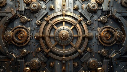 Intricate Steampunk-Inspired Mechanical Gears and Cogs Pattern Illustrating Complex Industrial Design and Engineered Precision in a Metallic Background Texture
