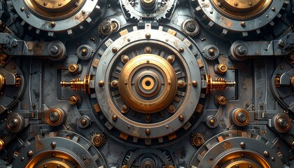 Intricate Metallic Gear System A Close-Up View of Complex Industrial Machinery with Steampunk Aesthetics and Detailed Mechanical Components, Emphasizing Precision and Interconnected Cogs