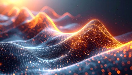 Dynamic abstract digital landscape with glowing particles forming undulating waves, symbolizing data flow, technological networks, and futuristic energy