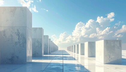 Abstract architectural perspective of geometric shapes receding into the distance under a bright, cloudy sky