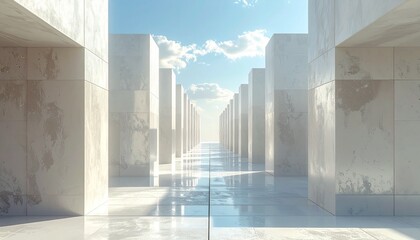 A serene and contemplative modern architectural pathway extends into the distant horizon under a bright, clear sky, showcasing a minimalist geometric design with reflective surfaces