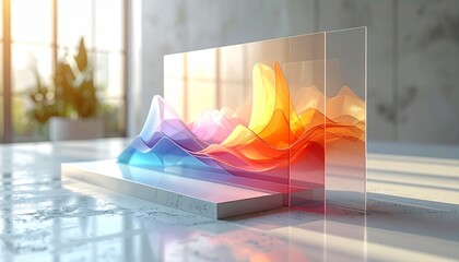 Abstract 3D data visualization showcasing colorful wavy lines and graph elements on a clean, modern surface