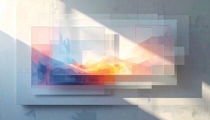 Modern abstract art with overlapping transparent geometric forms, revealing vibrant color gradients under dynamic sunlight and shadows, offering a conceptual aesthetic