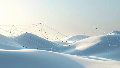 Abstract digital landscape showcasing a luminous network of interconnected nodes and lines gracefully flowing over serene, undulating surfaces, symbolizing technology and data connection