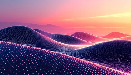 Abstract digital landscape with glowing particles and vibrant sunset gradient in a futuristic, science-fiction aesthetic