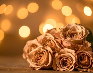A bouquet of roses glows against a blurred, golden background
