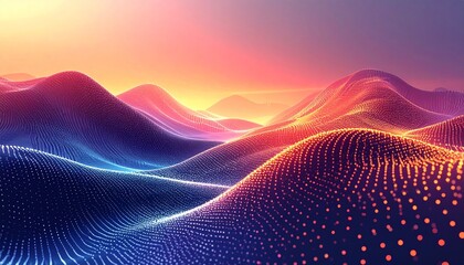 Abstract digital landscape with glowing particle waves and vibrant gradient sunset. A futuristic data visualization of rolling hills