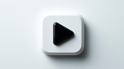 A close-up shot of a white square button with rounded corners, featuring a glossy black play symbol in its center. The background is white