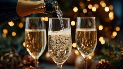 Champagne being poured into three glasses, with bubbles and sparkles floating around them against a blurred background of a festive setting.