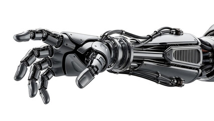 Sleek metallic robotic arm and hand with visible mechanical components extending forward on a white background.