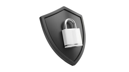 Dark gray shield with white padlock isolated PNG, security and protection concept for graphic design and web elements on transparent background