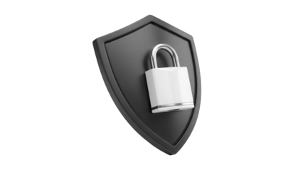 Dark gray shield with white padlock isolated PNG, security and protection concept for graphic design and web elements on transparent background