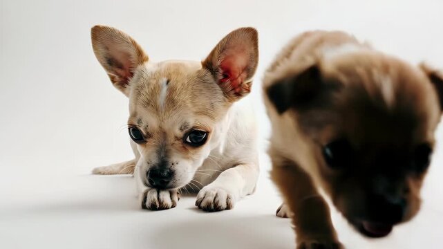 ミニマルなスタジオ背景で、チワワ成犬が座り、極小の子犬が前足の下に隠れるシーン。
柔らかく均一なスタジオ照明が、被写体の表情と輪郭を美しく引き立てます。
保護、本能、安心感、親子関係をテーマにした映像に最適。
