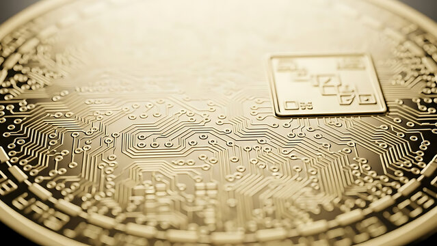 A close-up shot of a golden cryptocurrency coin featuring detailed circuit board patterns and a small embedded chip, symbolizing digital finance and blockchain technology. - Powered by Adobe