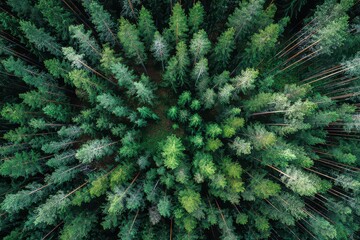 Aerial View of Evergreen Tree Forest with Lush Green Canopy and Bokeh Lights Creating Magical Atmosphere at Night