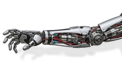 Highly detailed bionic robotic arm with visible internal mechanisms and wiring on a white background.