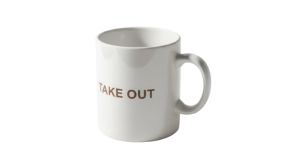 Ceramic mug with Take Out text isolated PNG, coffee cup for hot beverages on transparent background, drinkware for cafe and restaurant use