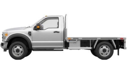 Silver flatbed truck PNG isolated on transparent background, heavy duty commercial vehicle for construction and transportation needs
