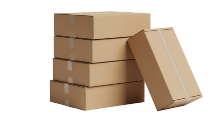 Stack of brown cardboard boxes isolated PNG, delivery parcels for shipping and moving on transparent background